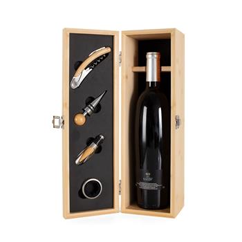 Kit Vinho Personalizado com 4 Peças em Metal e Bambu em Caixa Presente para Garrafa de Vinho